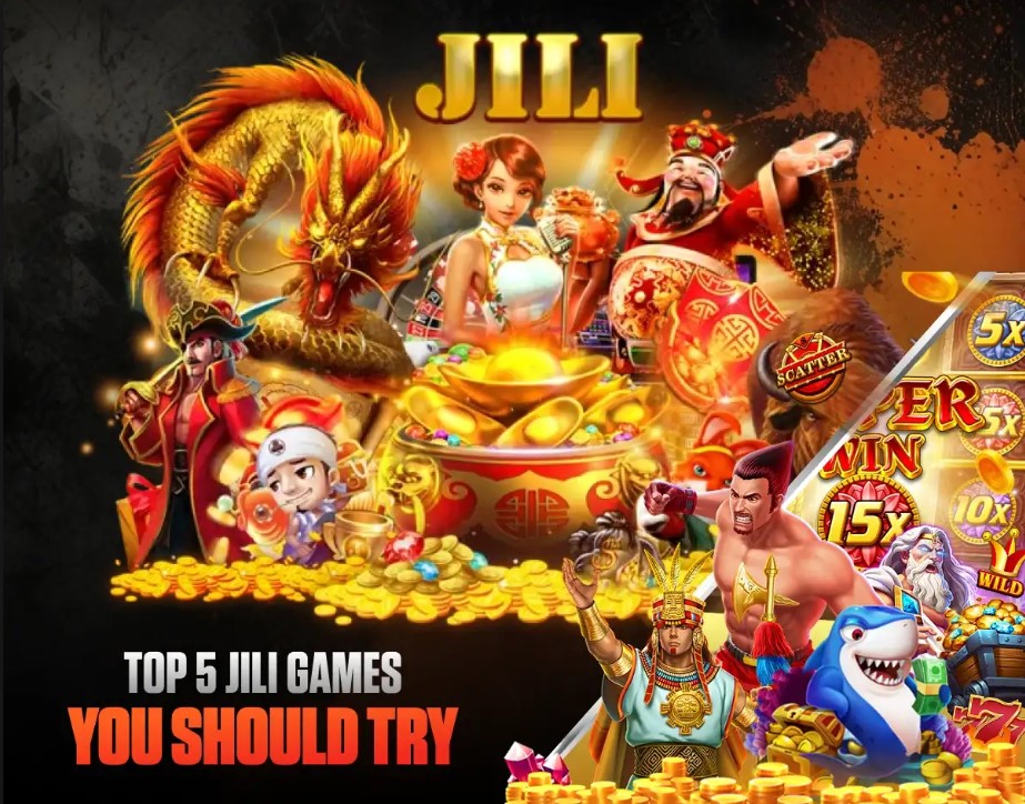 An image featuring popular JILI characters, including a dragon, pirate, woman, and shark, with gold coins